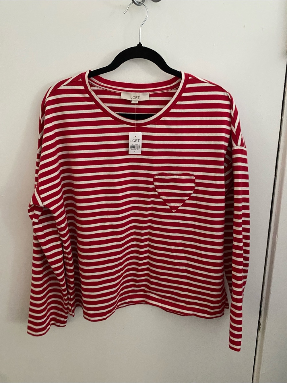 LOFT Red and White Striped Long-Sleeve Tee with Heart Pocket